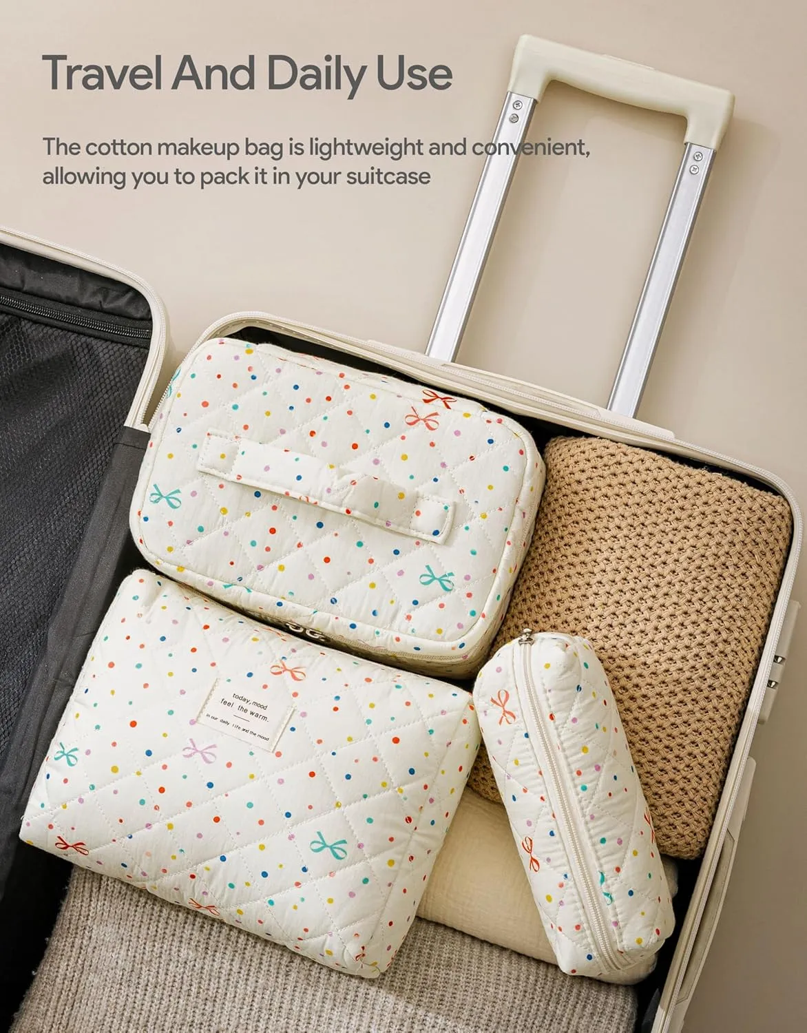 HBselect Quilted Makeup Bag, 3PCS Cotton Large Travel Makeup Bag, Cute Floral Coquette Make up Bag Cosmetic Bag Toiletry Bag for Women Girls