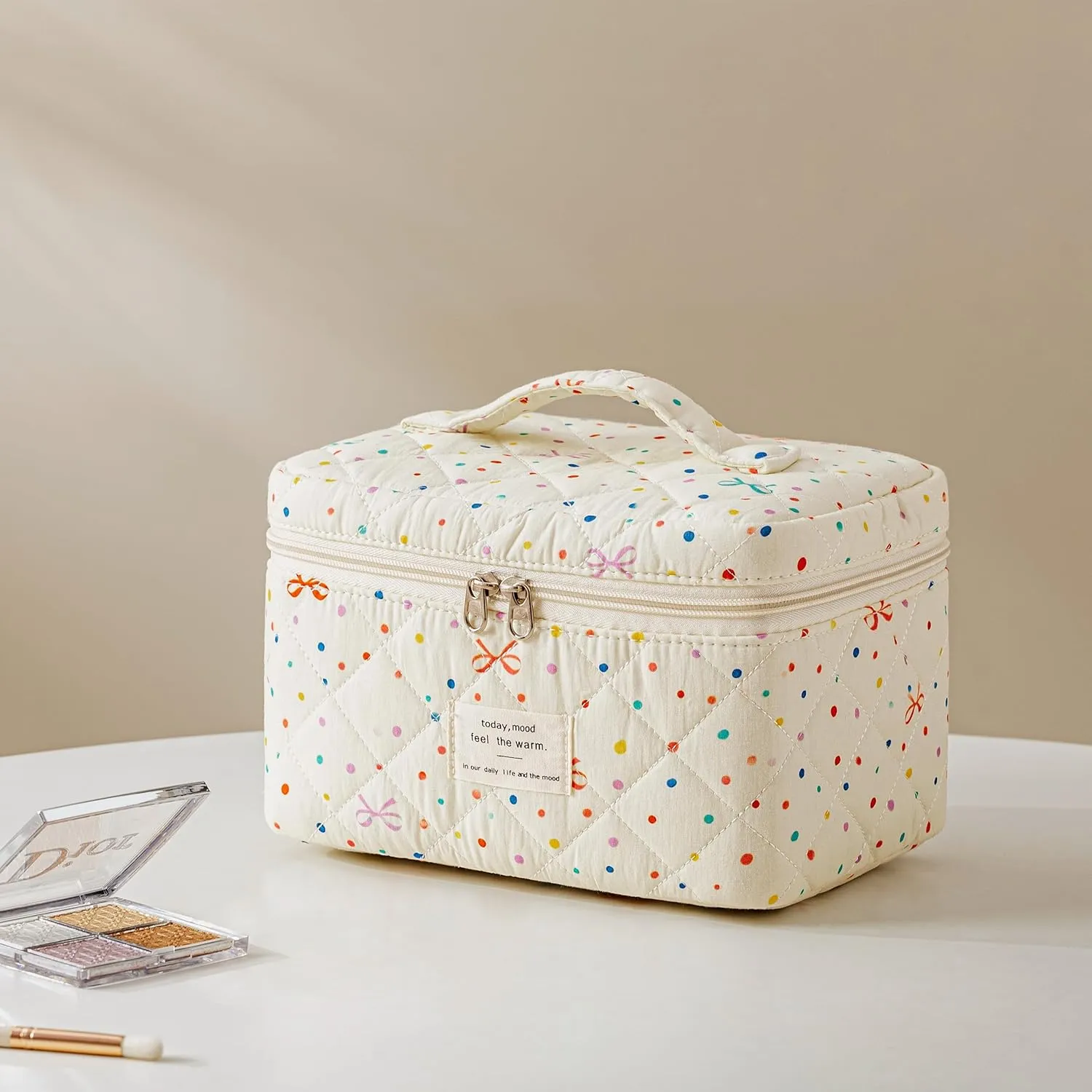 HBselect Quilted Makeup Bag, 3PCS Cotton Large Travel Makeup Bag, Cute Floral Coquette Make up Bag Cosmetic Bag Toiletry Bag for Women Girls