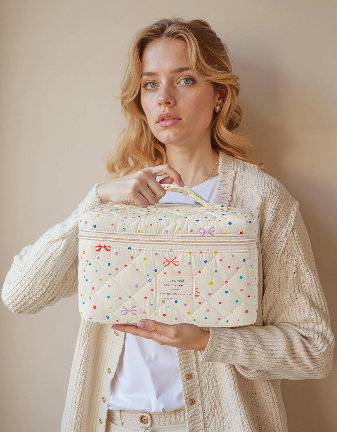 HBselect Quilted Makeup Bag, 3PCS Cotton Large Travel Makeup Bag, Cute Floral Coquette Make up Bag Cosmetic Bag Toiletry Bag for Women Girls