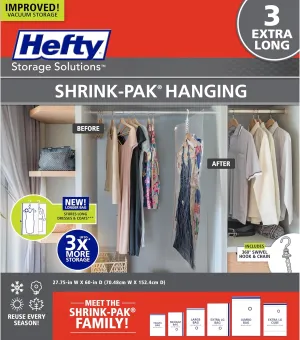 Hefty Shrink-Pak Hanging Vacuum Storage Bags – For Clothes, Pillows, Towels, Blankets & More – Space Saver Vacuum Suction Sealer for Home or Travel – 3 Extra Long Hanging, 60 x 27 Inches