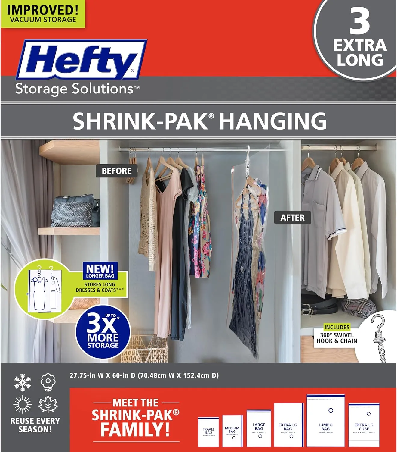 Hefty Shrink-Pak Hanging Vacuum Storage Bags – For Clothes, Pillows, Towels, Blankets & More – Space Saver Vacuum Suction Sealer for Home or Travel – 3 Extra Long Hanging, 60 x 27 Inches