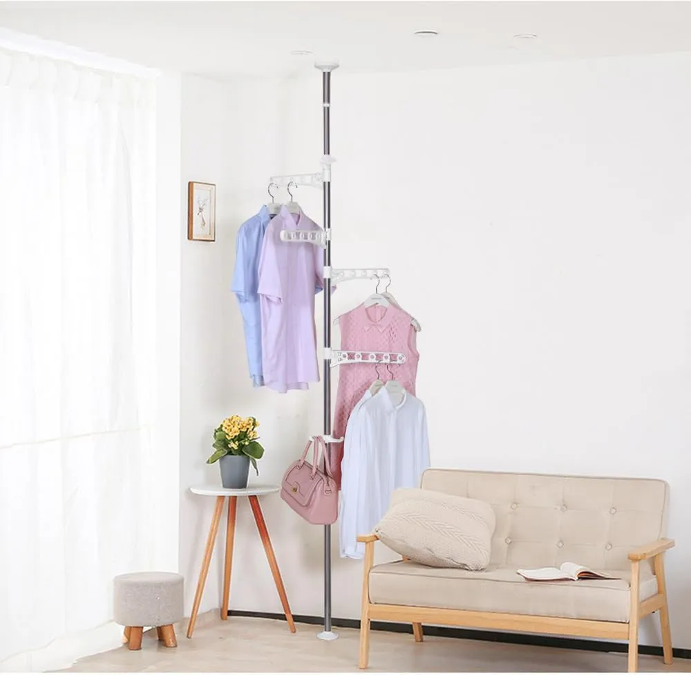Hershii Portable Indoor Garment Coat Drying Rack Free Standing Coat Stands Clothes Storage Hanger Telescopic Tension Pole DIY Floor to Ceiling Lundry Racks Organizer, Height Adjustable - Ivory