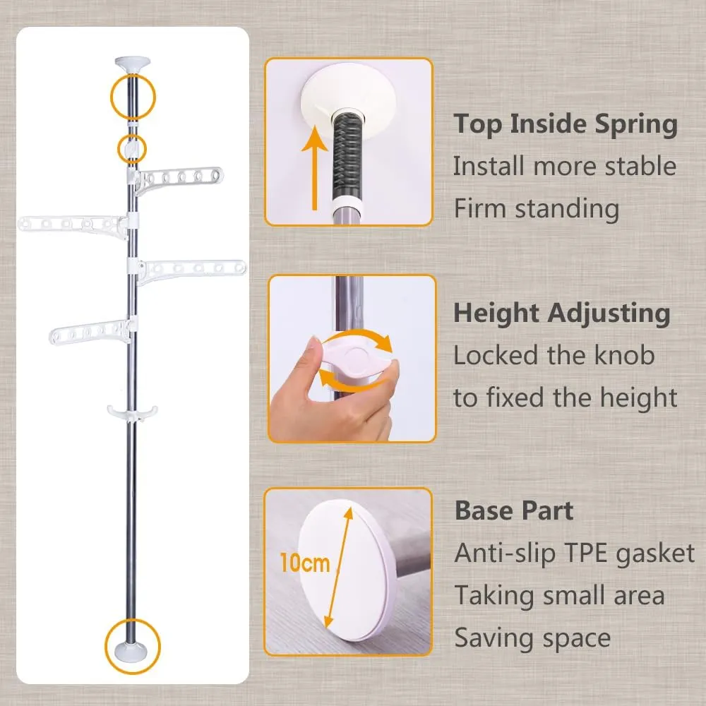 Hershii Portable Indoor Garment Coat Drying Rack Free Standing Coat Stands Clothes Storage Hanger Telescopic Tension Pole DIY Floor to Ceiling Lundry Racks Organizer, Height Adjustable - Ivory