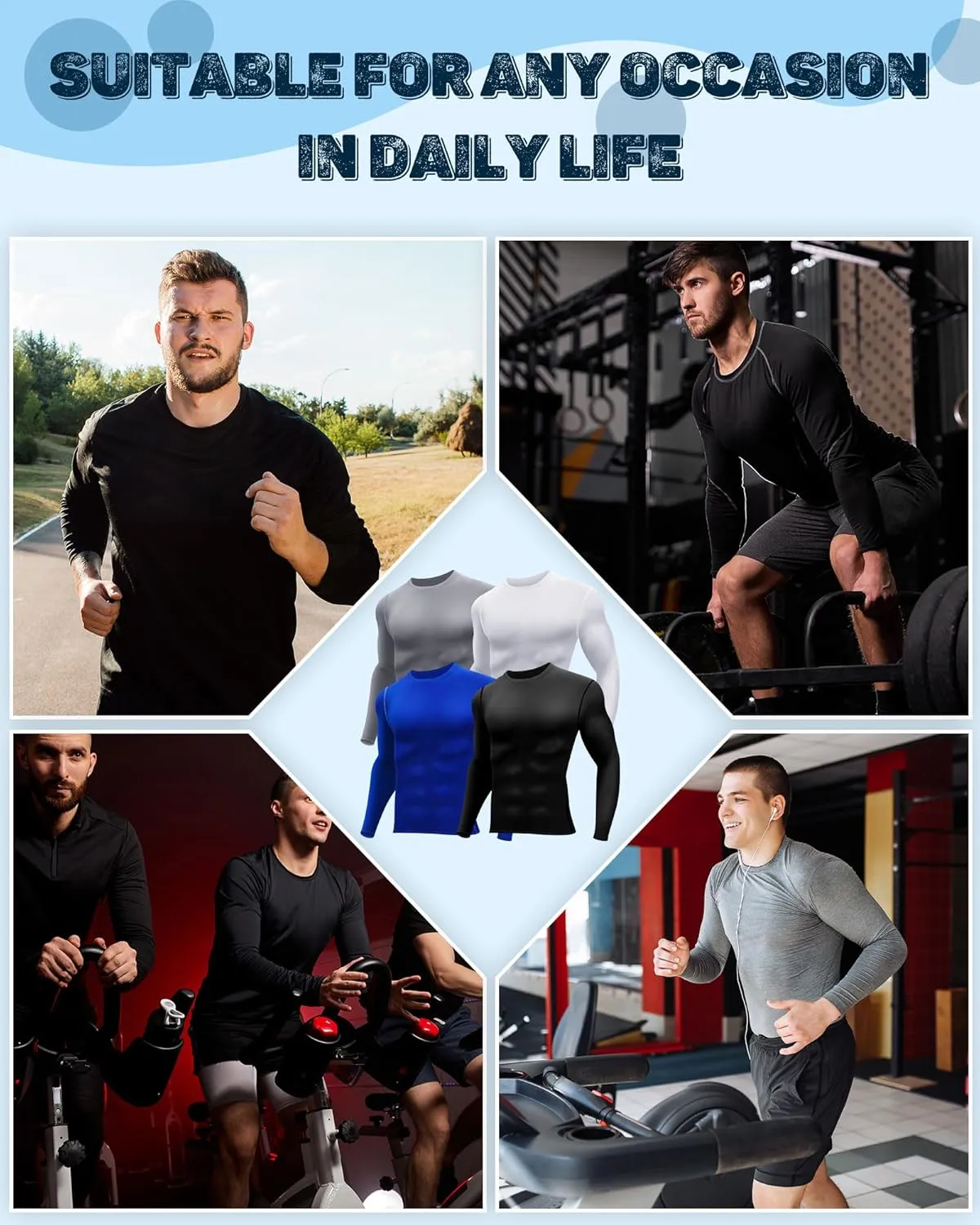 Hicarer 4 Pack Men's Compression Shirts Dry Fit Long Sleeve Athletic Workout Top Thermal Shirt Gym Sports Base Layers