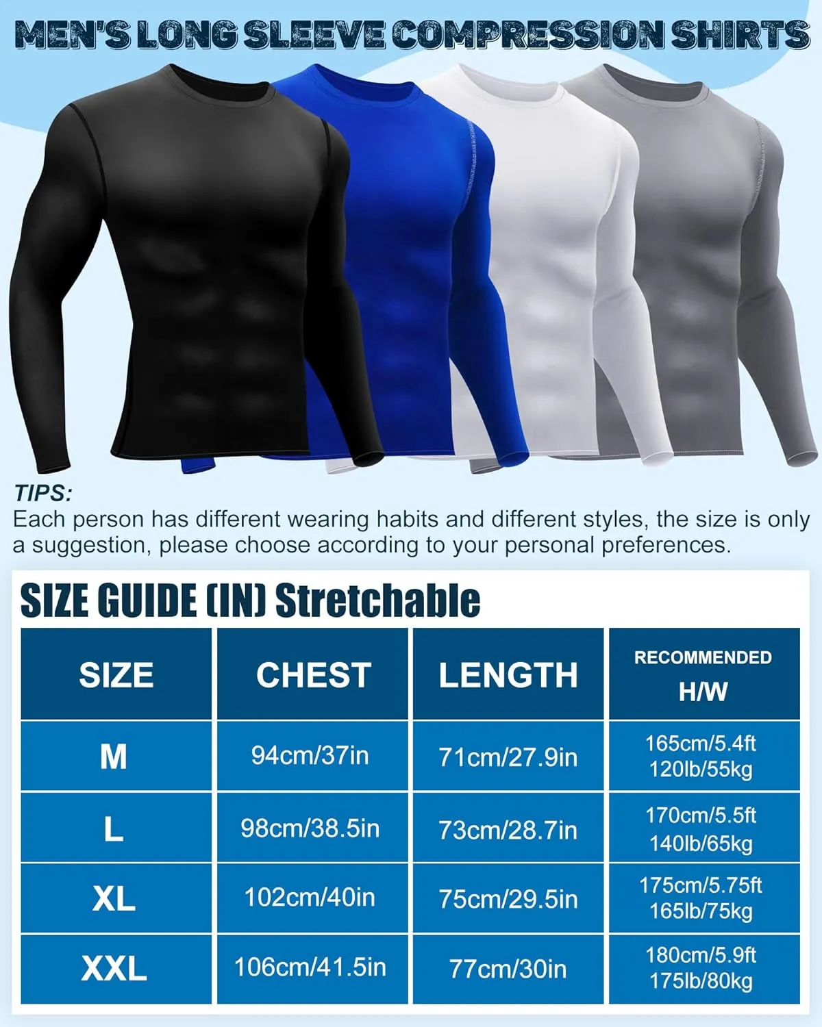 Hicarer 4 Pack Men's Compression Shirts Dry Fit Long Sleeve Athletic Workout Top Thermal Shirt Gym Sports Base Layers