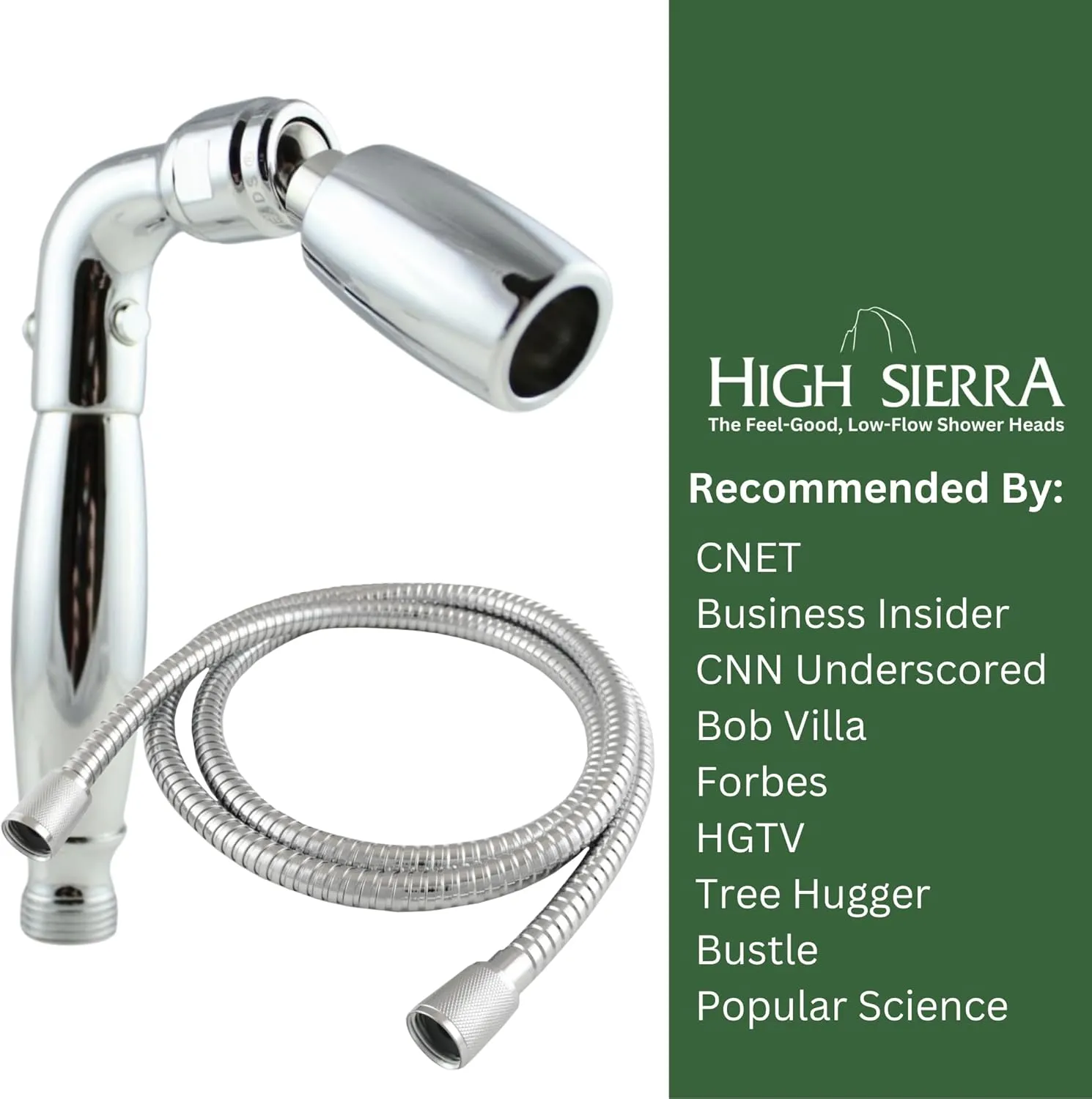 High Sierra Showerheads® - Solid Metal Handheld Shower Head with Trickle Valve and 72-Inch Metal Hose with Silicone Inner Tube. Ultra Low Flow 1.25 GPM - Polished Brass Finish