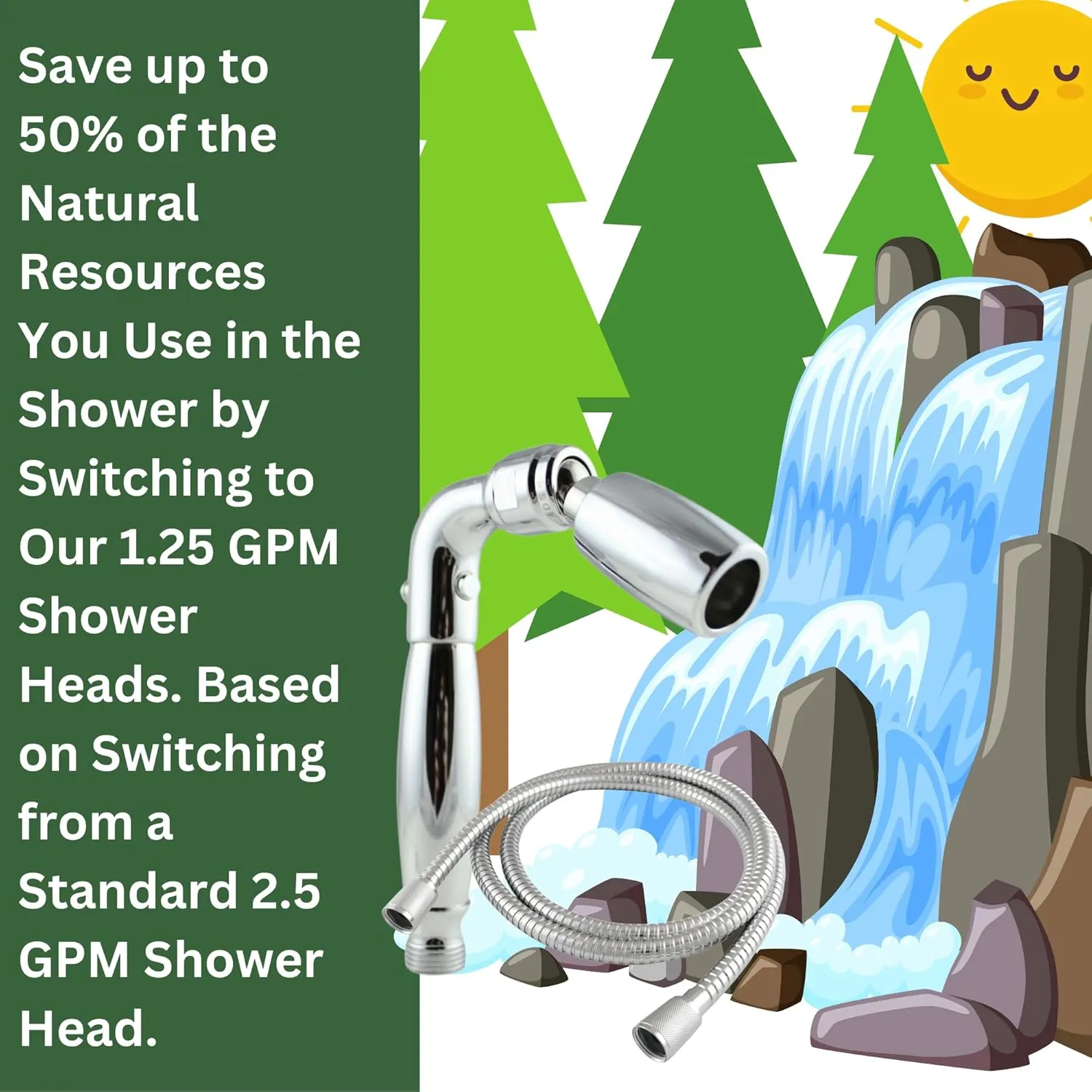 High Sierra Showerheads® - Solid Metal Handheld Shower Head with Trickle Valve and 72-Inch Metal Hose with Silicone Inner Tube. Ultra Low Flow 1.25 GPM - Polished Brass Finish