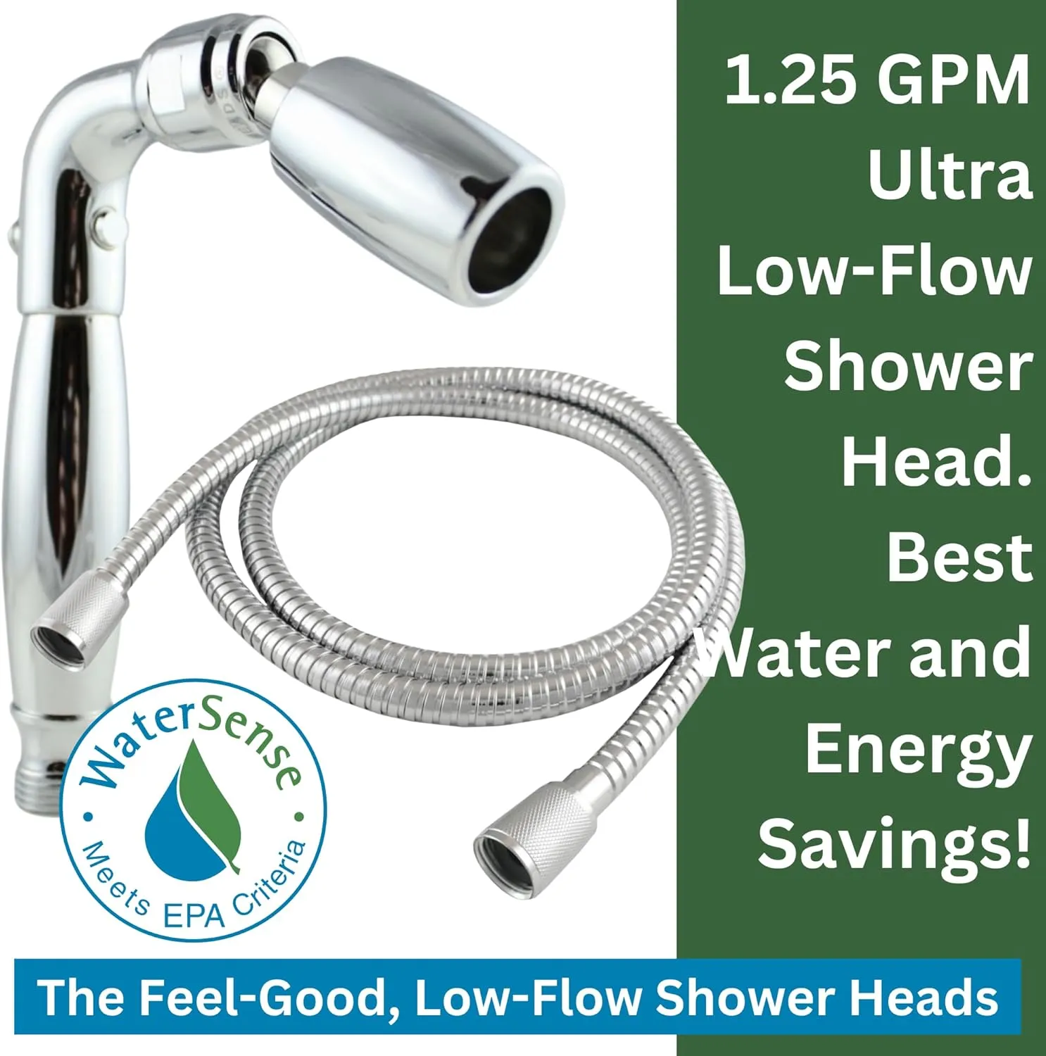 High Sierra Showerheads® - Solid Metal Handheld Shower Head with Trickle Valve and 72-Inch Metal Hose with Silicone Inner Tube. Ultra Low Flow 1.25 GPM - Polished Brass Finish