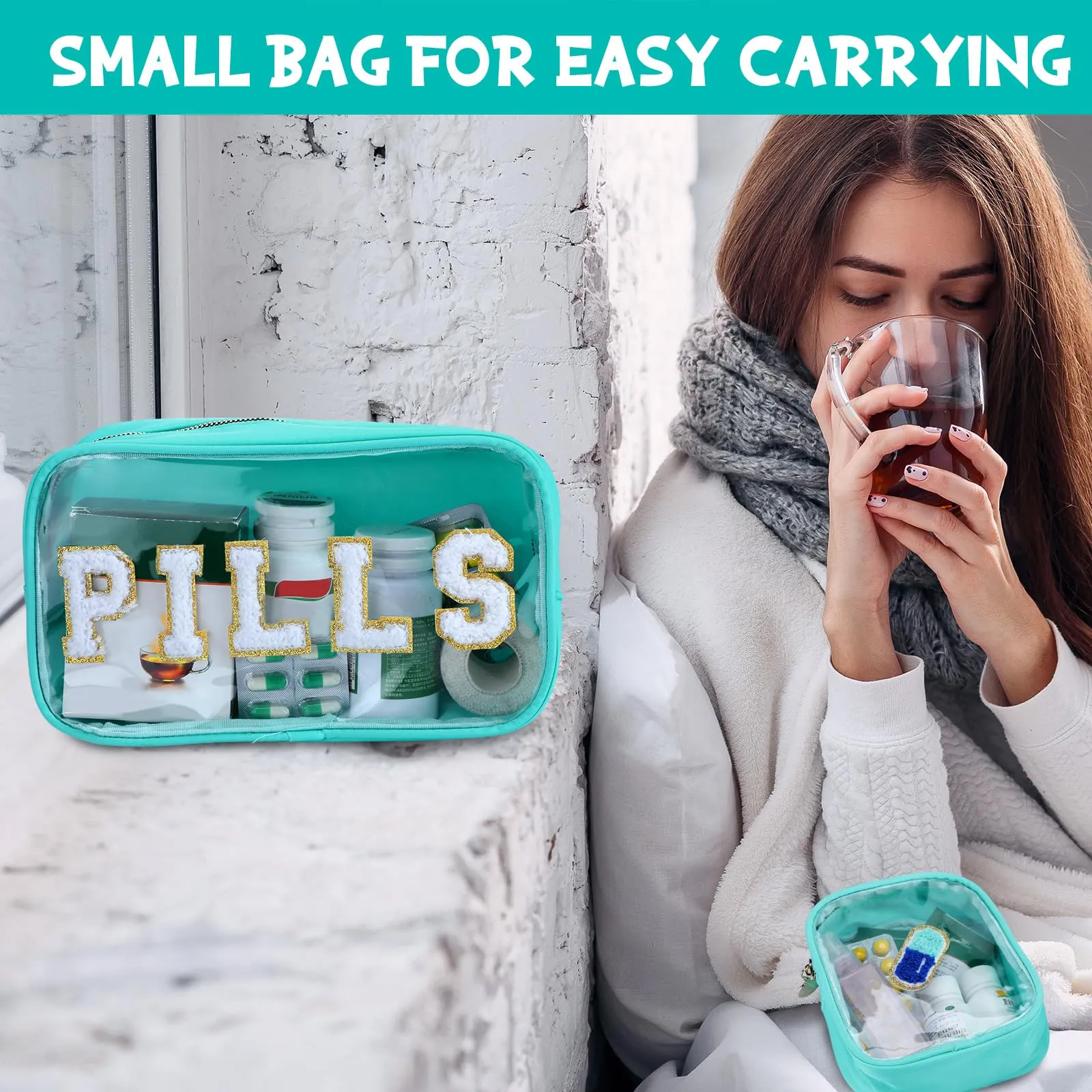 Hillban 2 Pcs Medicine Bag Gifts Chenille Letter Bag Preppy Clear Makeup Meds Nylon Pouch Set PVC Transparent Mini First Aid Christmas Gift for Travel(Fresh)