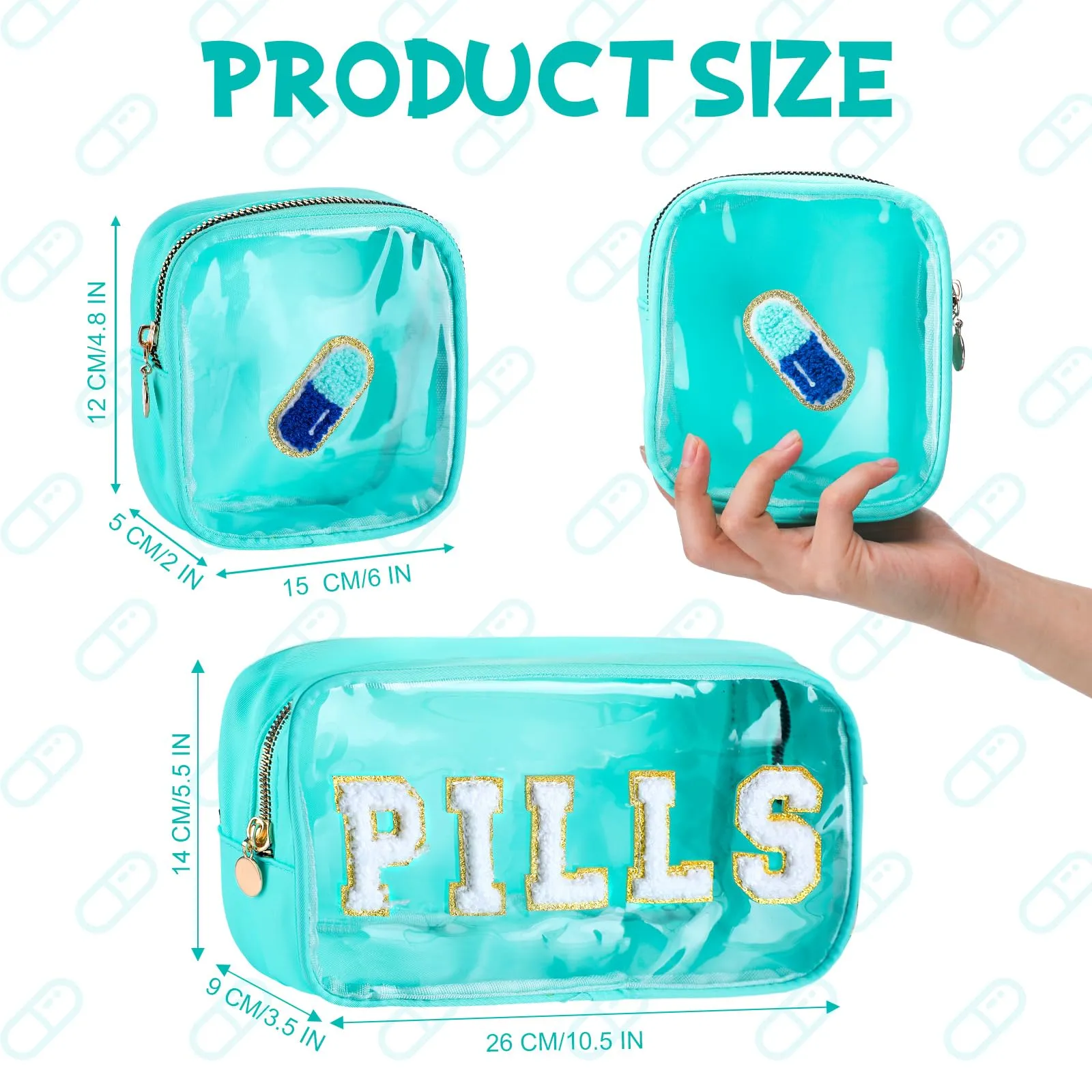 Hillban 2 Pcs Medicine Bag Gifts Chenille Letter Bag Preppy Clear Makeup Meds Nylon Pouch Set PVC Transparent Mini First Aid Christmas Gift for Travel(Fresh)