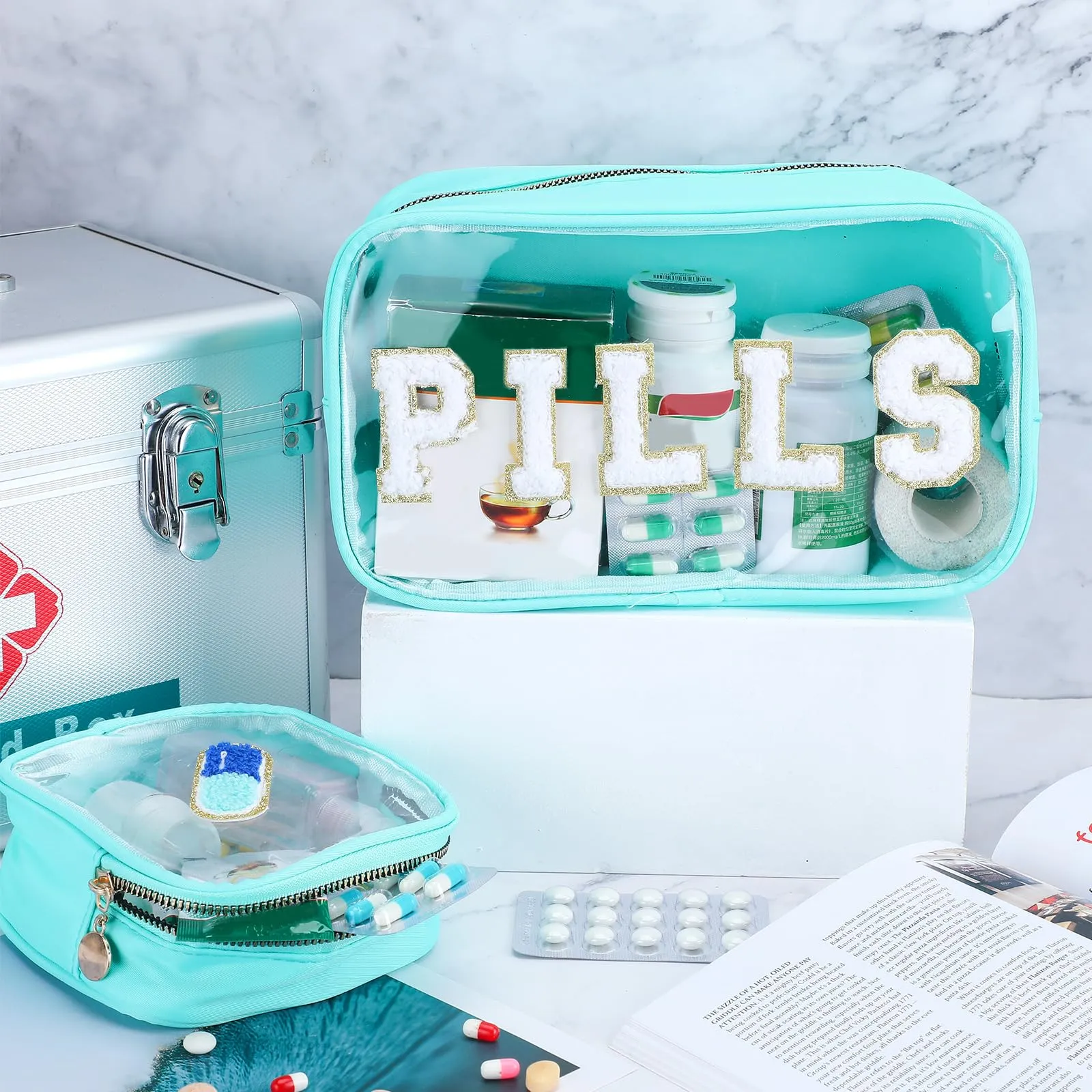 Hillban 2 Pcs Medicine Bag Gifts Chenille Letter Bag Preppy Clear Makeup Meds Nylon Pouch Set PVC Transparent Mini First Aid Christmas Gift for Travel(Fresh)
