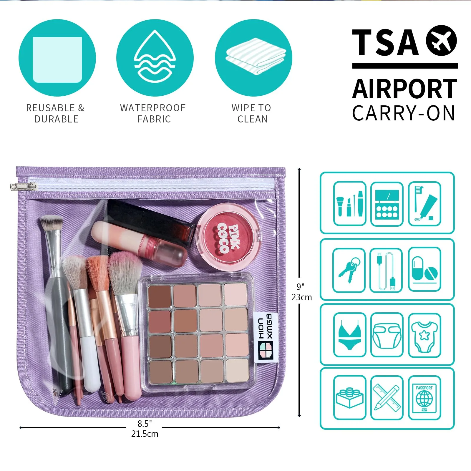 HIONXMGA TSA Approved Toiletry Bag, Set of 3 Clear Travel Toiletry Bag Quart Size Zipper Travel Pouch, Waterproof Makeup Cosmetic Bag for Women Men Kids Toiletries Carry on, Purple Large