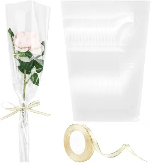 Hipruict 100 Pcs Single Flower Sleeve, Clear Floral Bags For Bouquets with Ribbon, Single Rose Packaging for Wedding, Birthday, Mother’s Day, Valentine’s Day