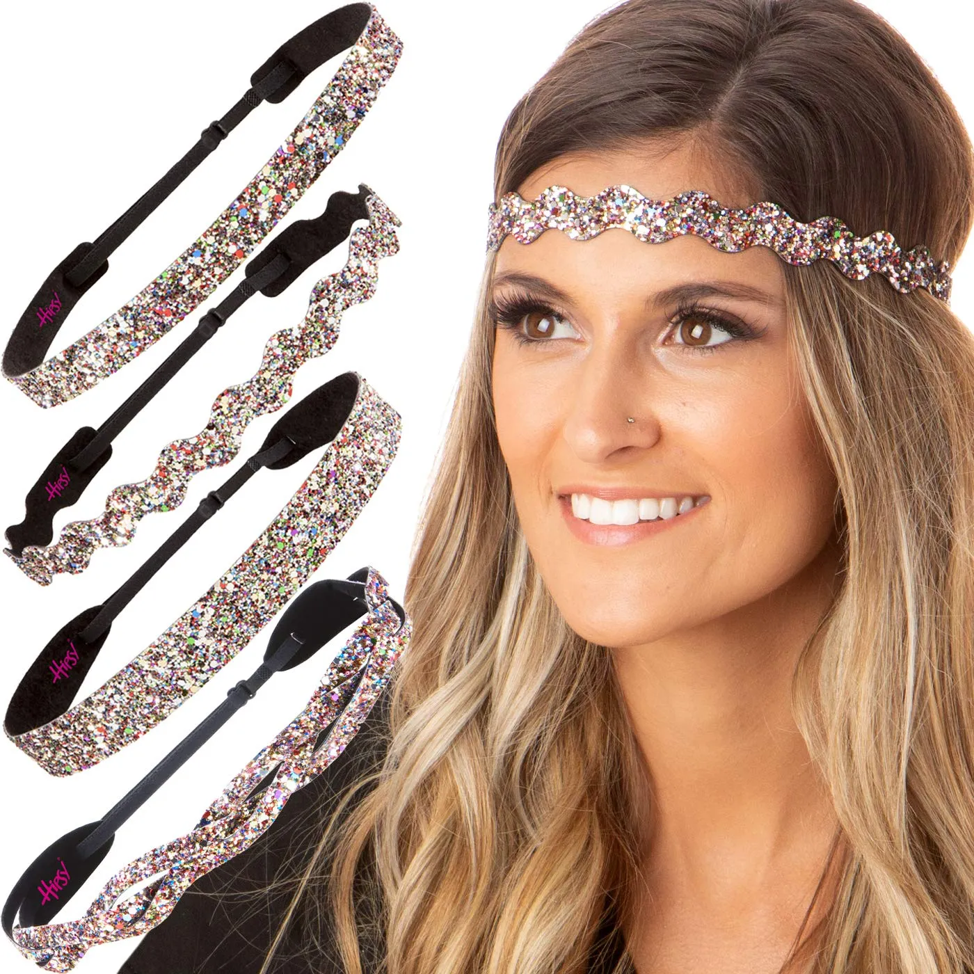 Hipsy PETITE Size, Adjustable No Slip Sparkly Bling Mixed 4pk Headbands for Women Girls & Teens (Bling Glitter Mixed Confetti)