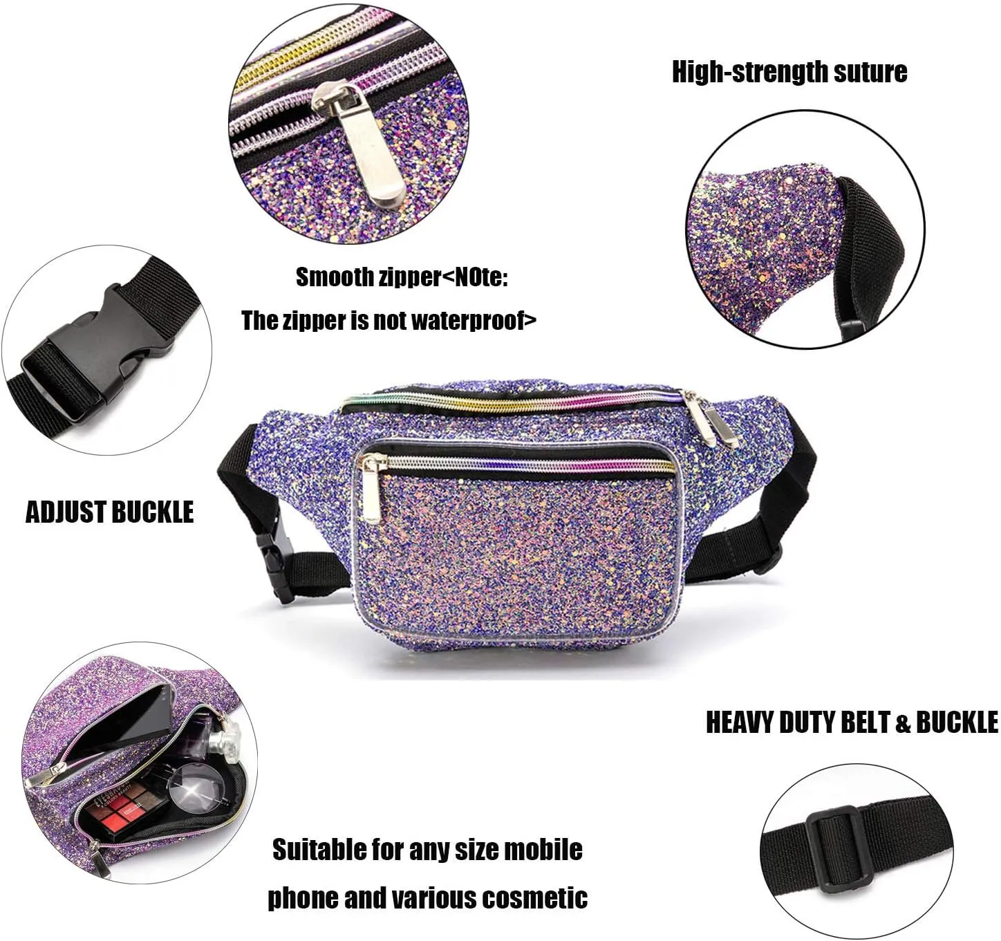 Holographic 80s 90S Rave Stars Neon Transparent Gravel Fanny Pack for Women - Great Waist Pack for Games, Concerts, Rave, Festival, Travel