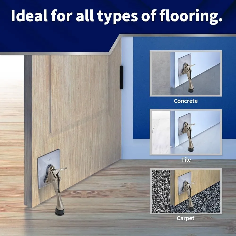 HOME&I Adhesive Kick Down Door Stopper,No Drilling Large Self Adhesive Plate,Height-Adjustable Rubber Foot (Stain Nickel, 4 inch x 1 Pack)