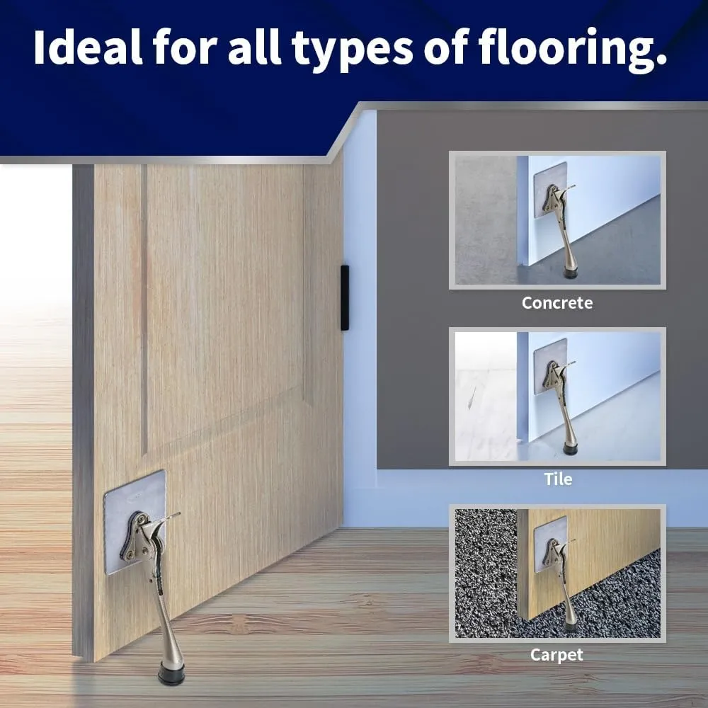 HOME&I Adhesive Kick Down Door Stopper,No Drilling Large Self Adhesive Plate,Height-Adjustable Rubber Foot (Stain Nickel, 6 Inch x 1 Pack)