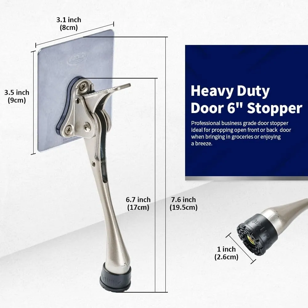 HOME&I Adhesive Kick Down Door Stopper,No Drilling Large Self Adhesive Plate,Height-Adjustable Rubber Foot (Stain Nickel, 6 Inch x 1 Pack)