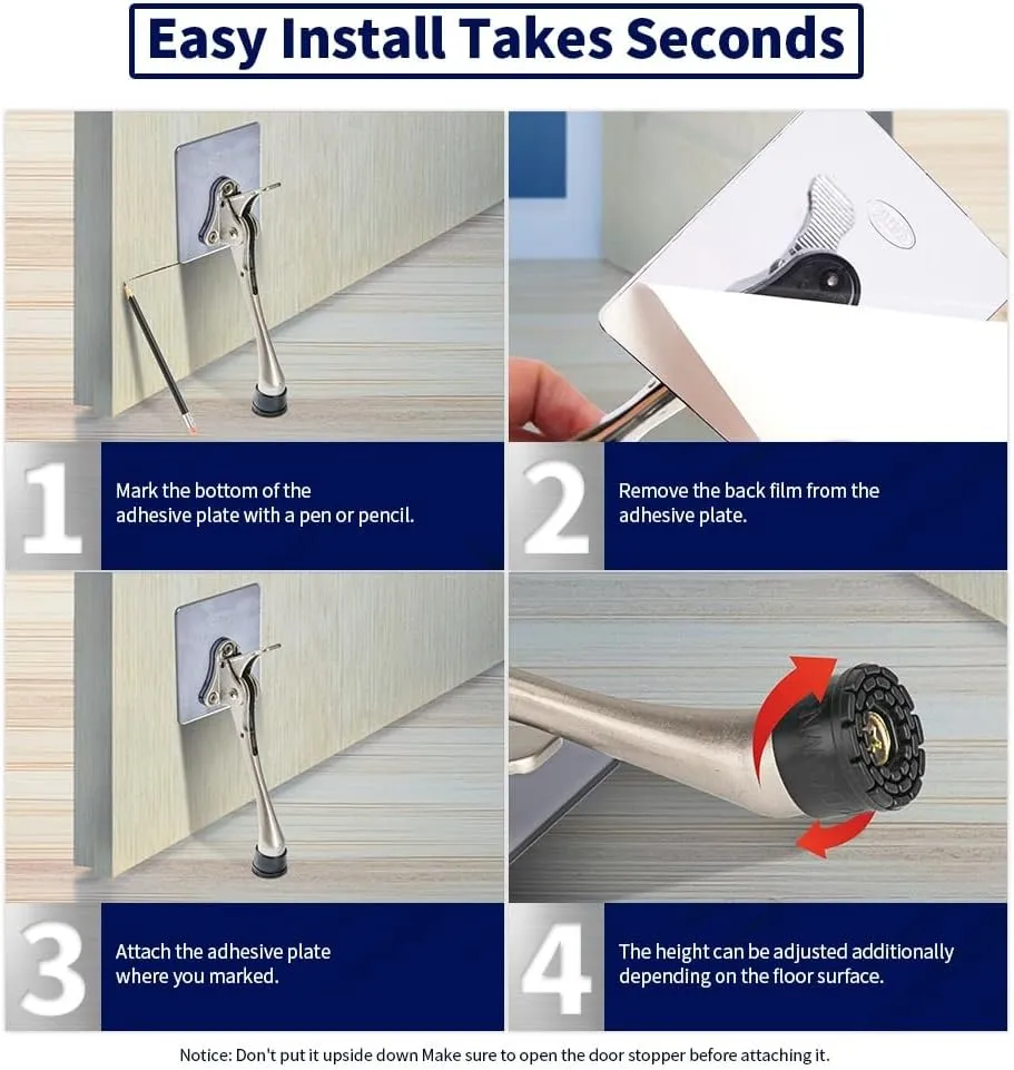 HOME&I Adhesive Kick Down Door Stopper,No Drilling Large Self Adhesive Plate,Height-Adjustable Rubber Foot (Stain Nickel, 6 Inch x 1 Pack)