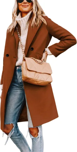 Hooever Women's Winter Wool Coat Casual Notch Lapel Single-Breasted Peacoat
