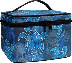 Horeset Blue Sea Turtle Print Women's Cosmetic Bag Ladies Fashion Travel Waterproof Cosmetic Pouch for Travel Business with Handle