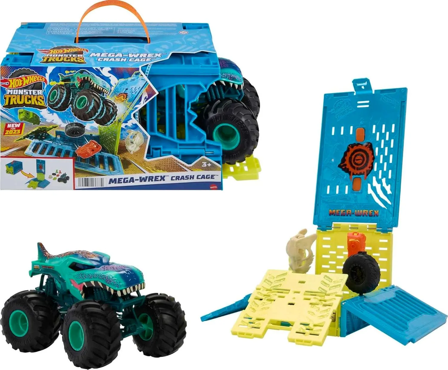 Hot Wheels Toy Monster Trucks 1:24 Scale Mega-Wrex in a Crash Cage, Oversized Storage Case Transforms into Stunting Area with 4 Crushable Accessories