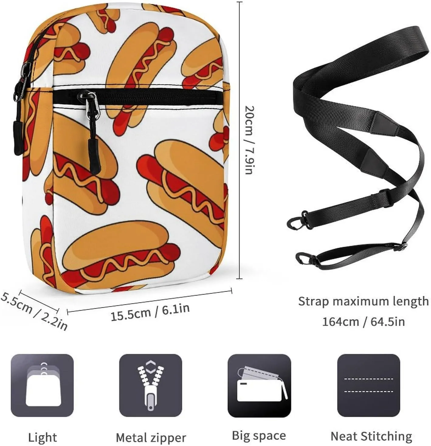 Hotdog Fun Food Hot Dog Detachable Shoulder Strap Small Shoulder Bag Unisex