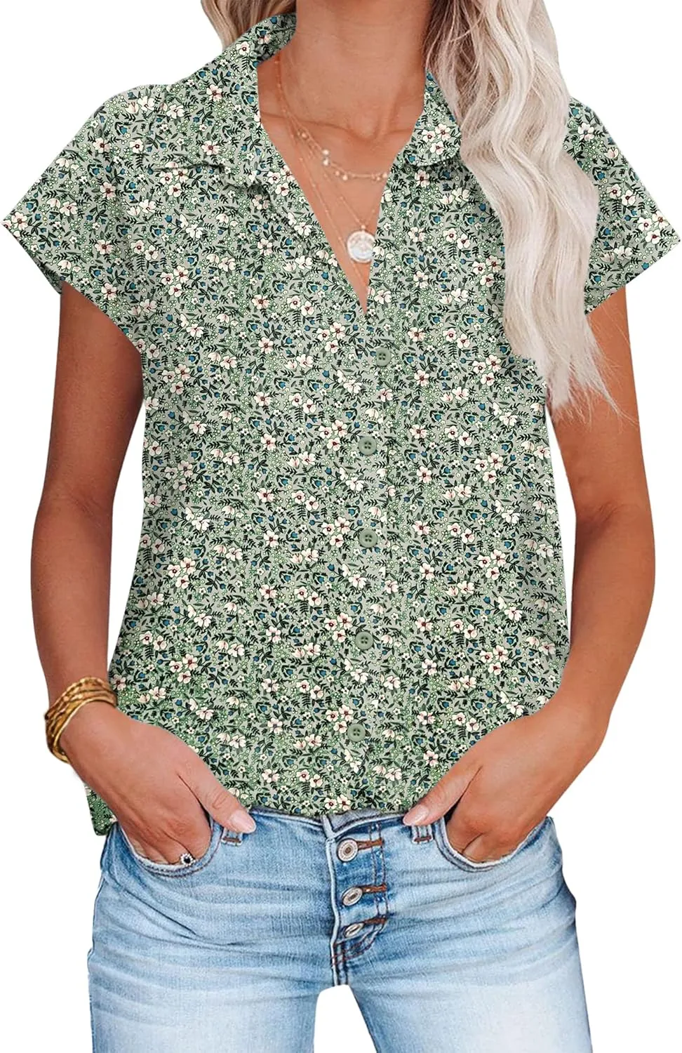 HOTOUCH Womens Linen Button Down Shirt Casual V Neck Cap Sleeve Blouses Summer Cotton Collared Tops S-3XL
