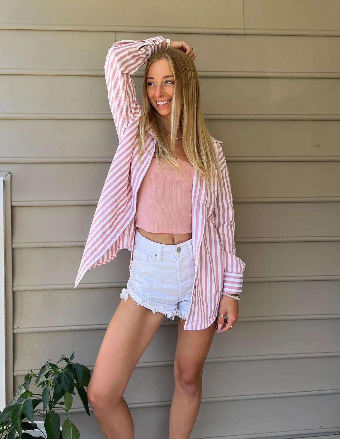 HOTOUCH Women's Striped Button Down Shirts Casual Long Sleeve Boyfriend Loose Collared Blouses Tops