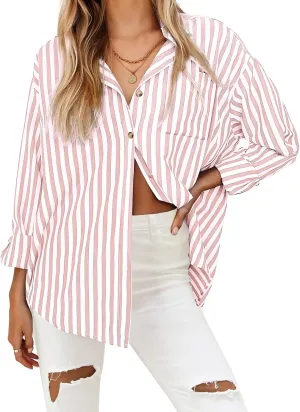 HOTOUCH Women's Striped Button Down Shirts Casual Long Sleeve Boyfriend Loose Collared Blouses Tops
