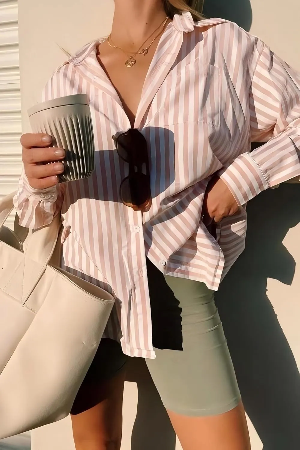 HOTOUCH Women's Striped Button Down Shirts Casual Long Sleeve Boyfriend Loose Collared Blouses Tops
