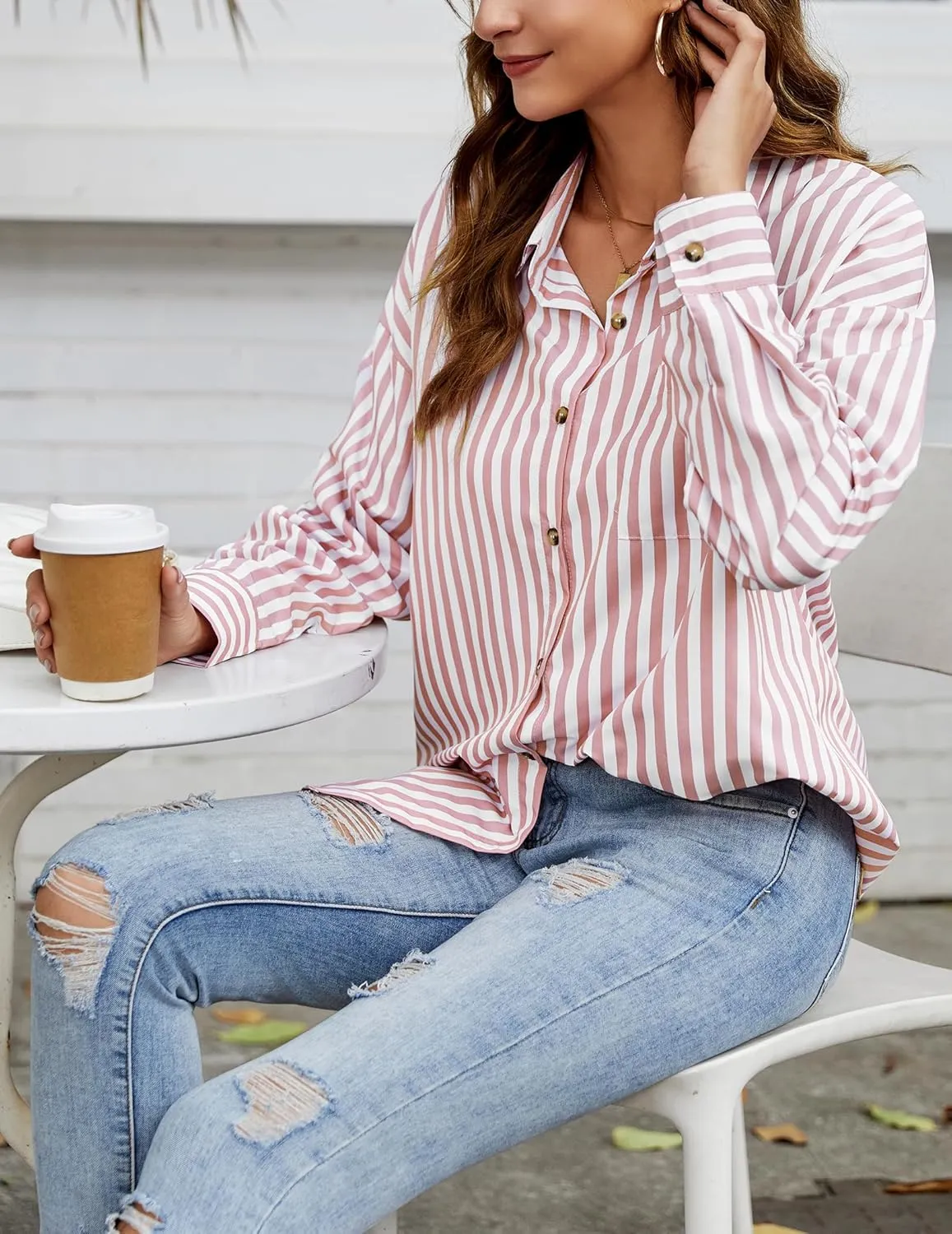 HOTOUCH Women's Striped Button Down Shirts Casual Long Sleeve Boyfriend Loose Collared Blouses Tops