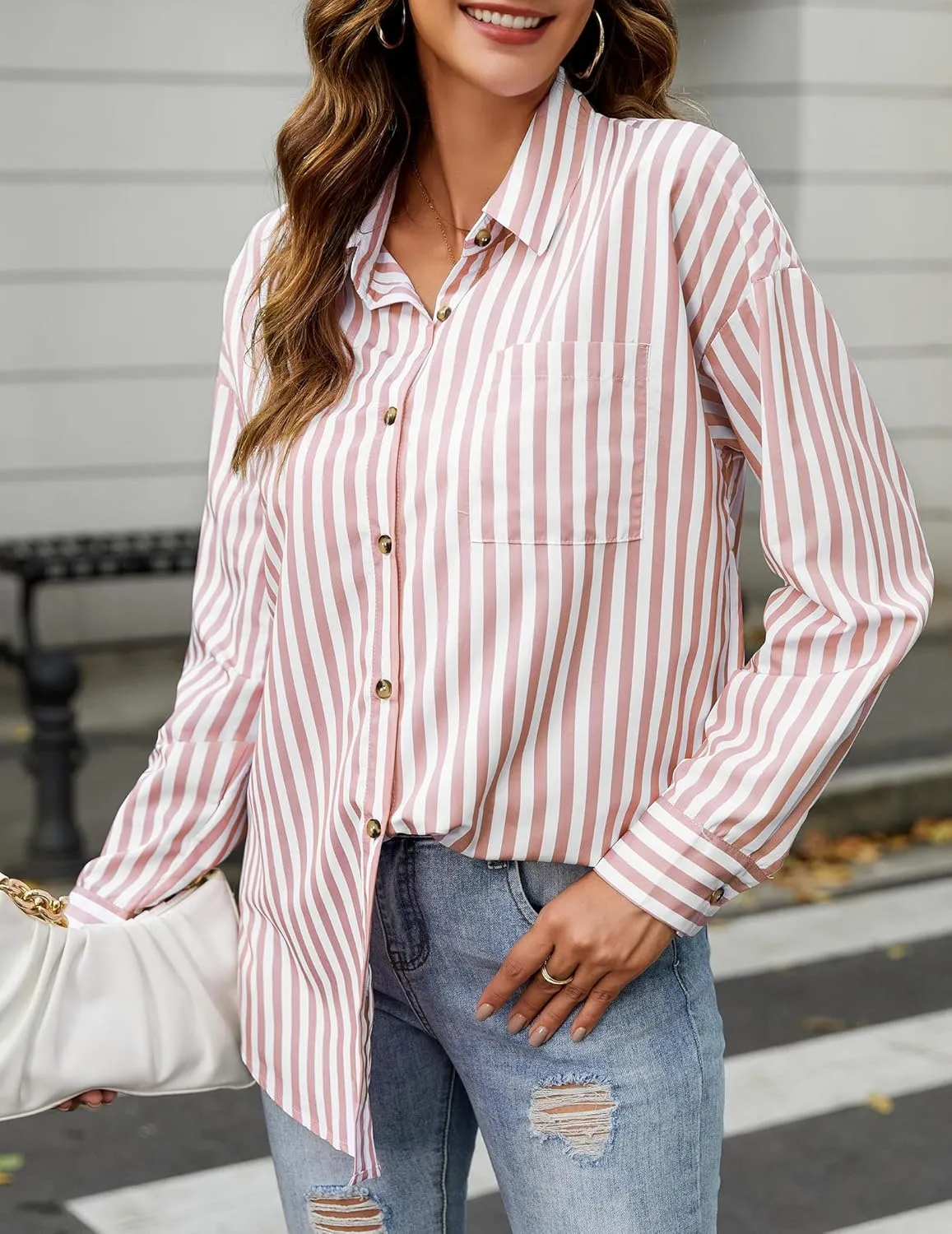 HOTOUCH Women's Striped Button Down Shirts Casual Long Sleeve Boyfriend Loose Collared Blouses Tops