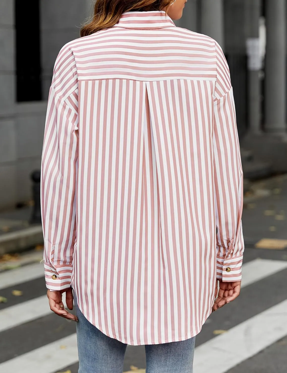 HOTOUCH Women's Striped Button Down Shirts Casual Long Sleeve Boyfriend Loose Collared Blouses Tops