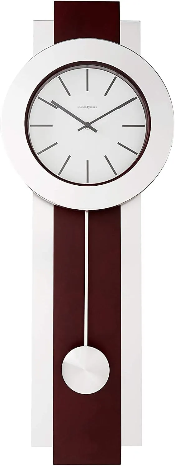 Howard Miller Bergen Wall Clock II, Sturdy Frame Modern Vertical Decor Nickel-Finished Pendulum, Battery Operated Key Wound Stylish Analog Dial Quartz Movement Best Alarm Clock for Home & Office