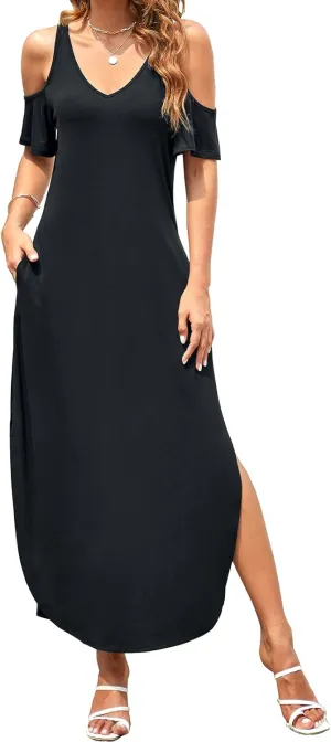 HUSKARY Women's Summer Maxi Dresses V Neck Cold Shoulder Short Sleeve Casual Loose Long Split Dress with Pocket