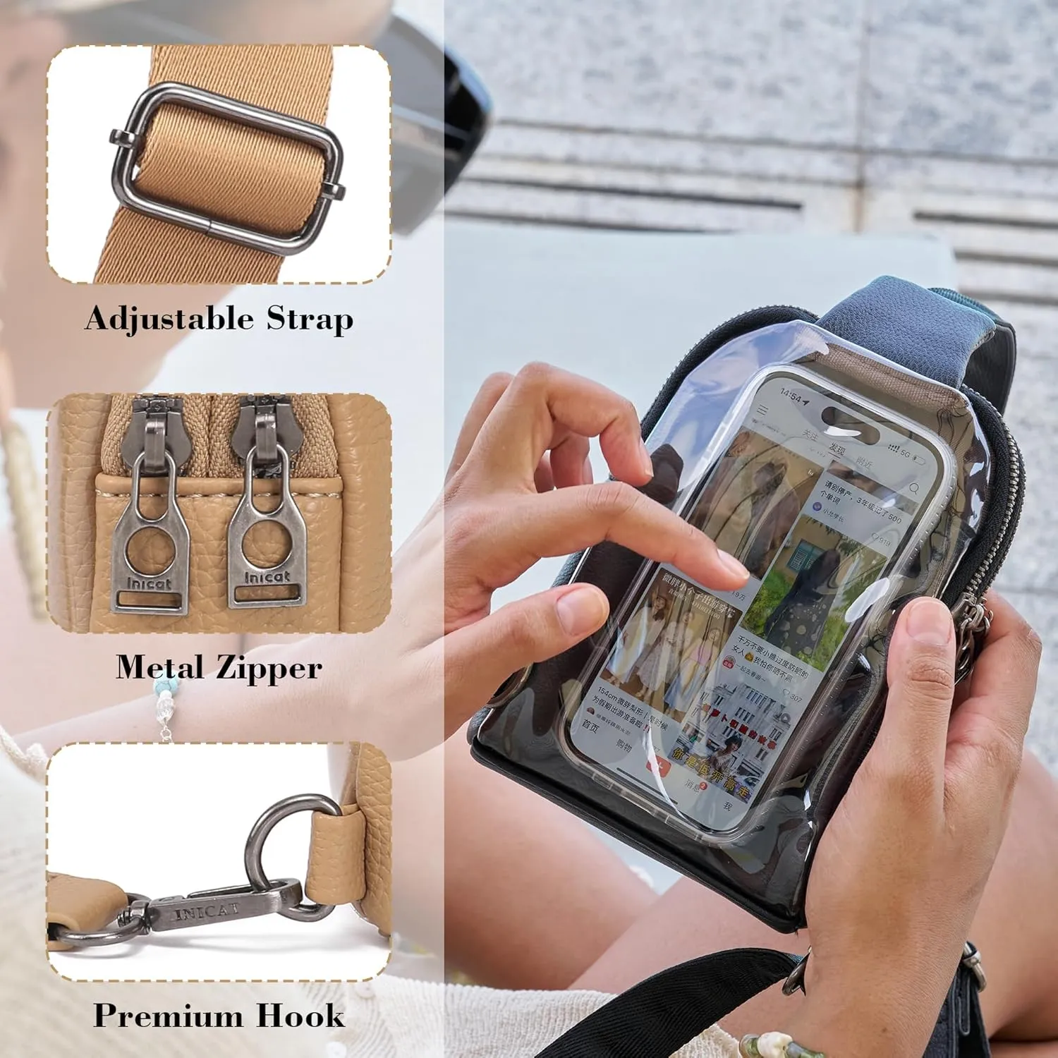 INICAT Small Crossbody Sling Bags for Women Vegan Leather Cell Phone Purse Fanny Packs for Women Men