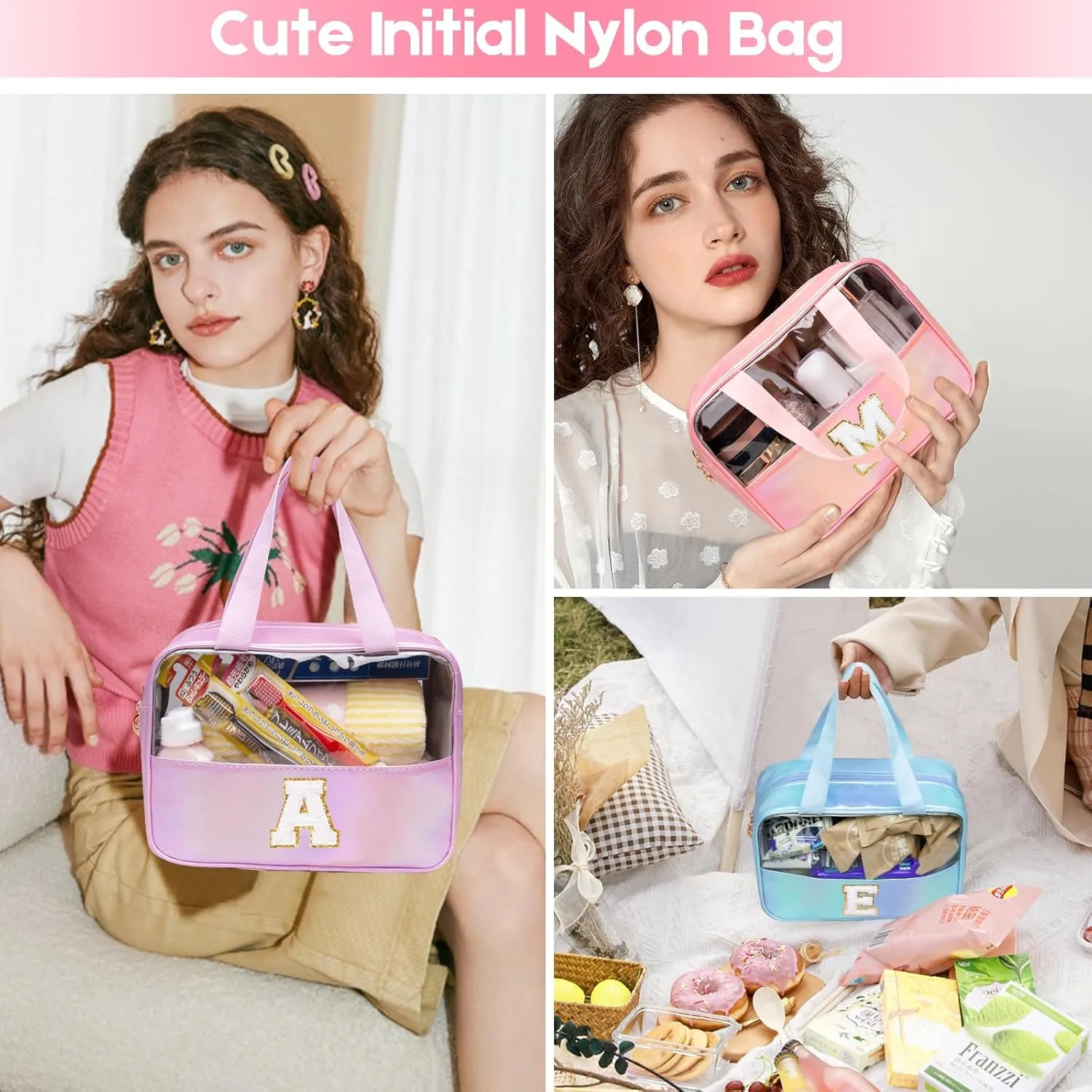 Initial Clear Makeup Bag Personalized Pink Clear Cosmetic Bag, Cute Large Make Up Bags Organizer Bag, Travel Toiletry Bag for Women Girl Gifts A (Pink)