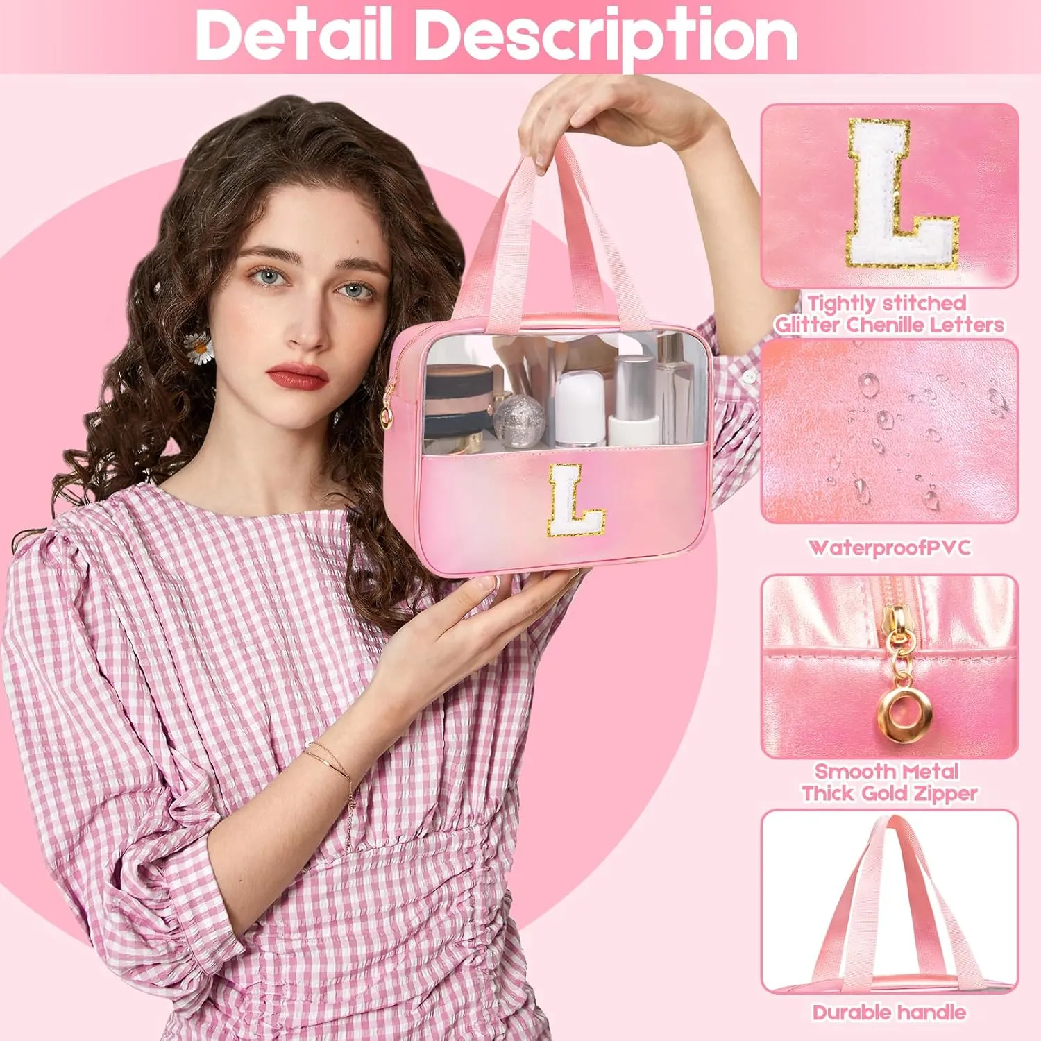Initial Clear Makeup Bag Personalized Pink Clear Cosmetic Bag, Cute Large Make Up Bags Organizer Bag, Travel Toiletry Bag for Women Girl Gifts A (Pink)