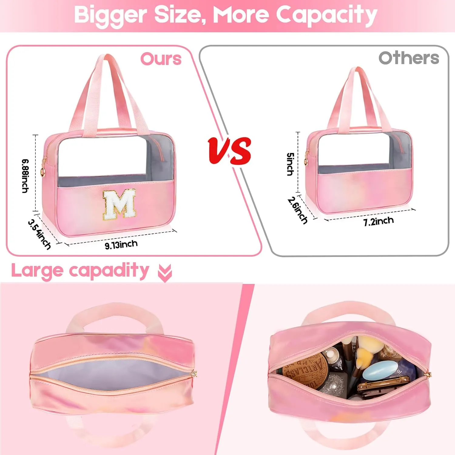 Initial Clear Makeup Bag Personalized Pink Clear Cosmetic Bag, Cute Large Make Up Bags Organizer Bag, Travel Toiletry Bag for Women Girl Gifts A (Pink)