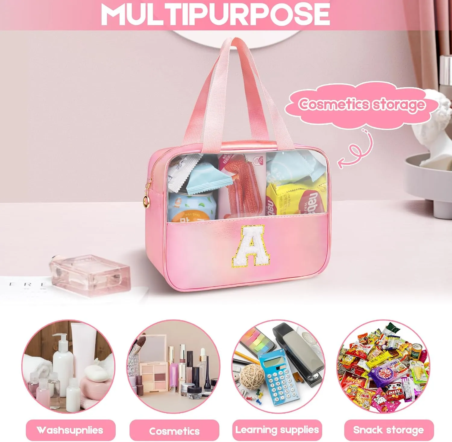 Initial Clear Makeup Bag Personalized Pink Clear Cosmetic Bag, Cute Large Make Up Bags Organizer Bag, Travel Toiletry Bag for Women Girl Gifts A (Pink)