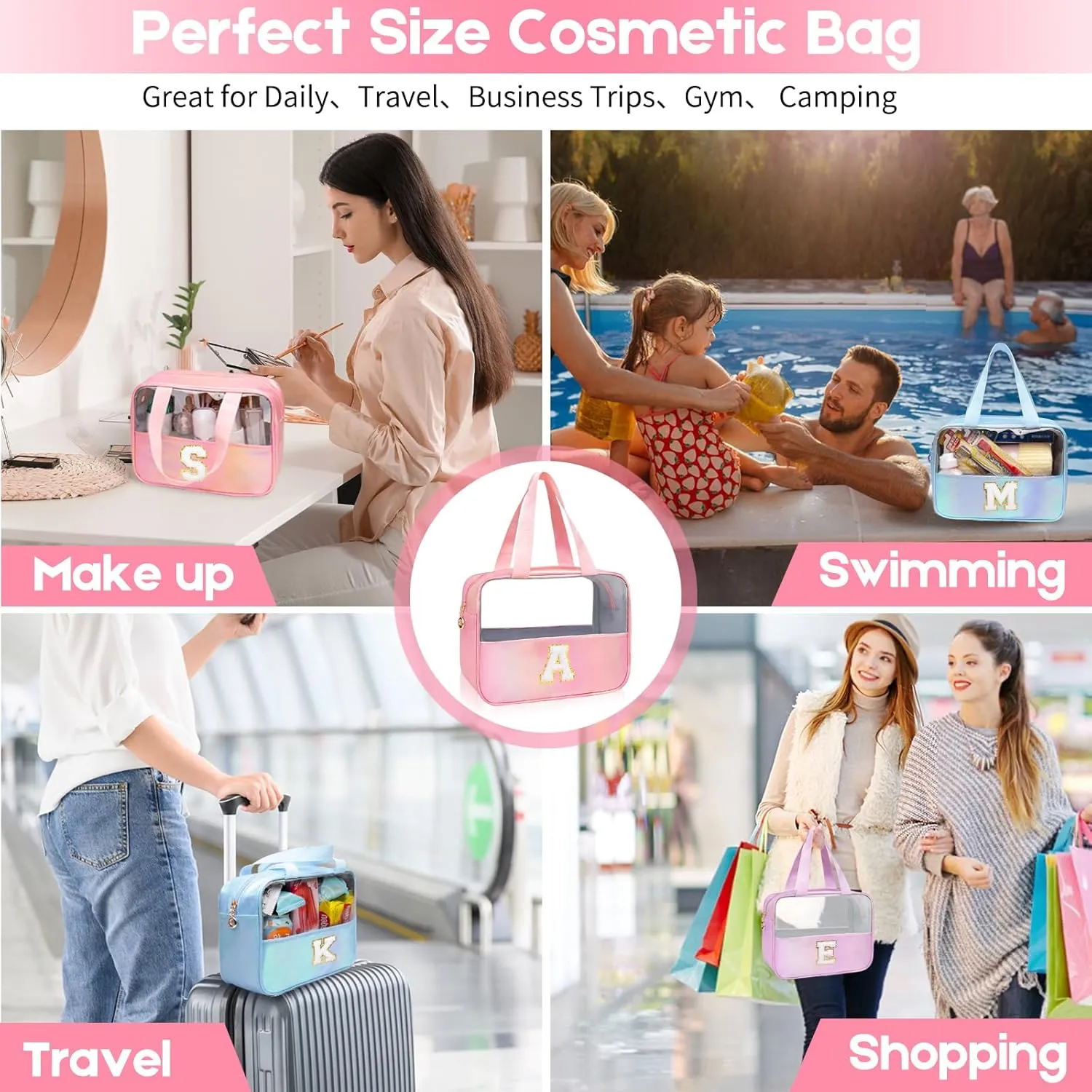 Initial Clear Makeup Bag Personalized Pink Clear Cosmetic Bag, Cute Large Make Up Bags Organizer Bag, Travel Toiletry Bag for Women Girl Gifts A (Pink)