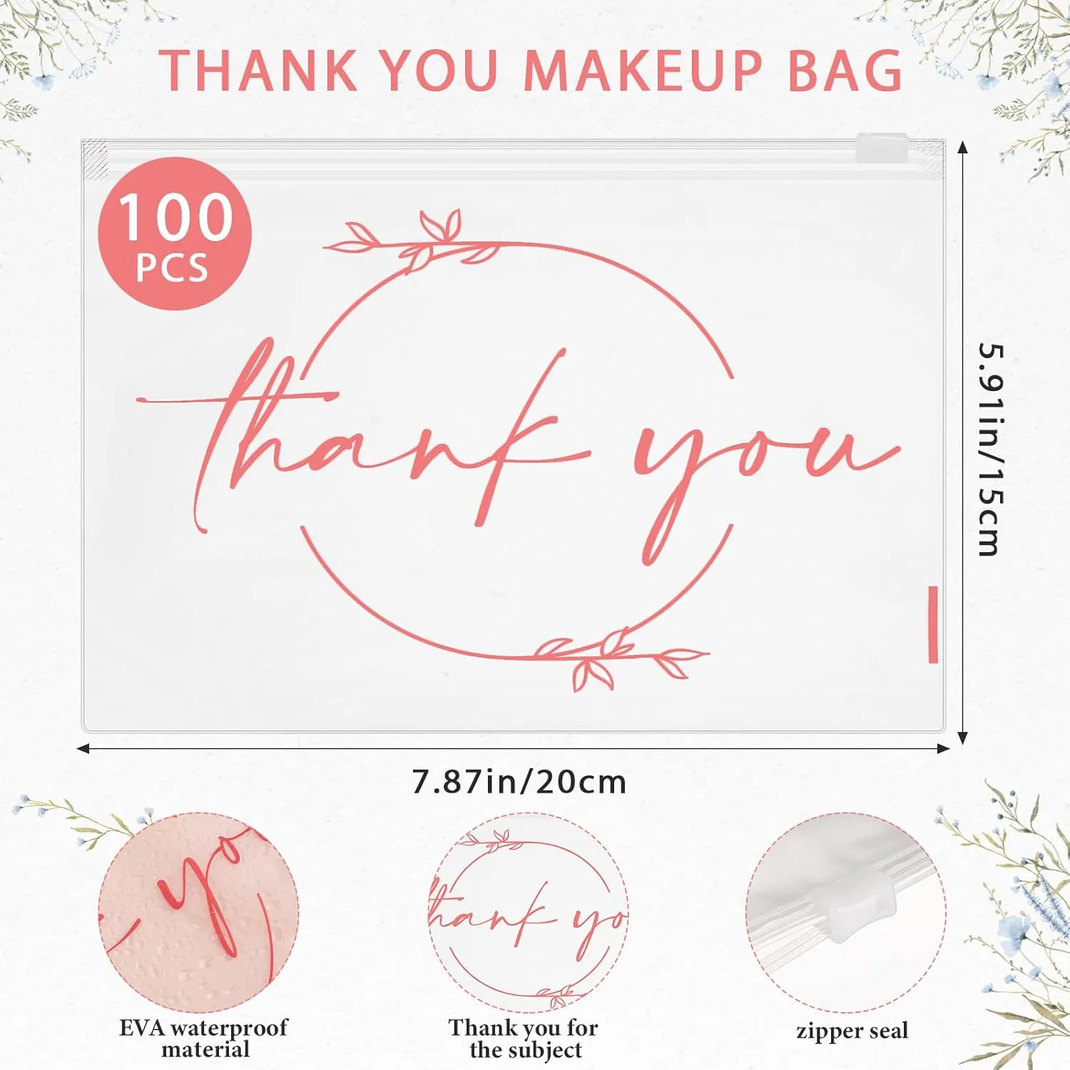 Ireer 100 Pcs Thank You Gift Makeup Bags EVA Clear Cosmetic Bag with Zipper Mini Makeup Thank You Toiletry Cosmetics Bulk Gifts for Women Birthday Daughter Sister(White, Rose Gold)