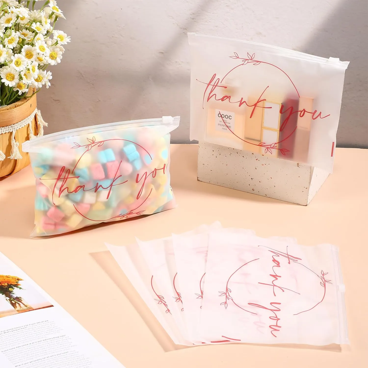 Ireer 100 Pcs Thank You Gift Makeup Bags EVA Clear Cosmetic Bag with Zipper Mini Makeup Thank You Toiletry Cosmetics Bulk Gifts for Women Birthday Daughter Sister(White, Rose Gold)