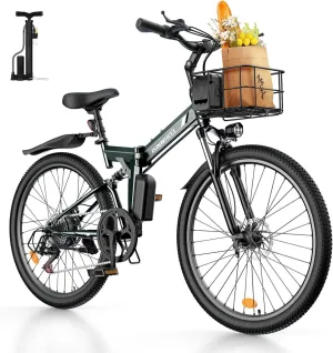 isinwheel M40 Folding Electric Bike for Adults 500W Ebike with Basket, Dual USB Charging Ports, Full Suspension, 7 Speed Gearshift, 20mph Foldable Electric Bicycles, 26" Electric Mountain Bike