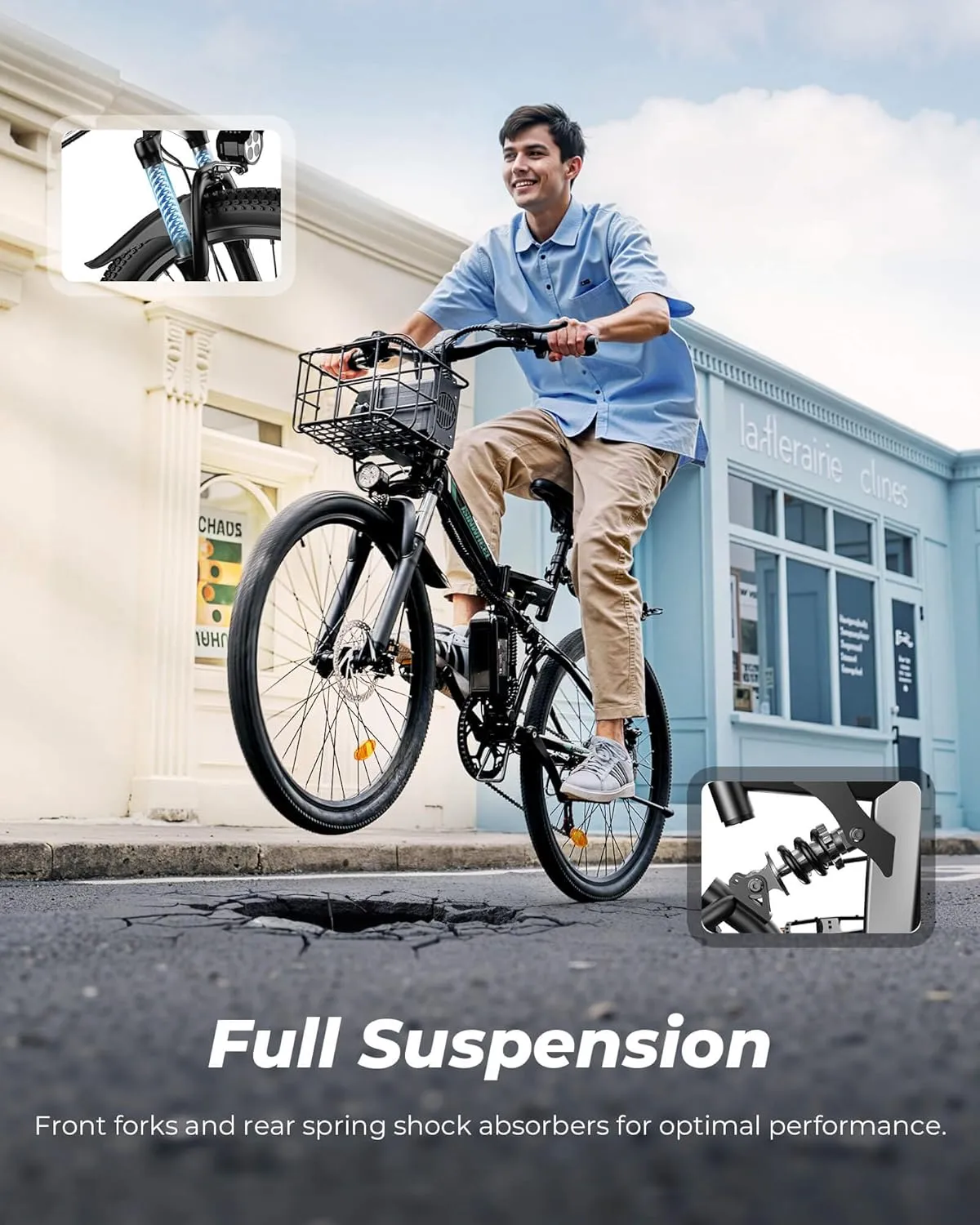 isinwheel M40 Folding Electric Bike for Adults 500W Ebike with Basket, Dual USB Charging Ports, Full Suspension, 7 Speed Gearshift, 20mph Foldable Electric Bicycles, 26" Electric Mountain Bike