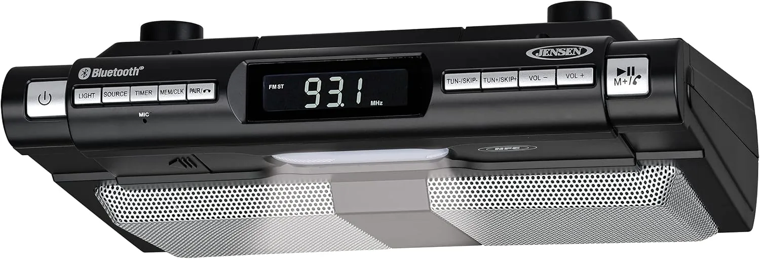 Jensen Modern Wireless Under Cabinet Kitchen Universal Bluetooth Music System, FM Radio, Clock LCD Digital Display, Built-in Hands-Free Mic & Speakers (Includes Mounting Hardware)