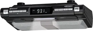 Jensen Modern Wireless Under Cabinet Kitchen Universal Bluetooth Music System, FM Radio, Clock LCD Digital Display, Built-in Hands-Free Mic & Speakers (Includes Mounting Hardware)