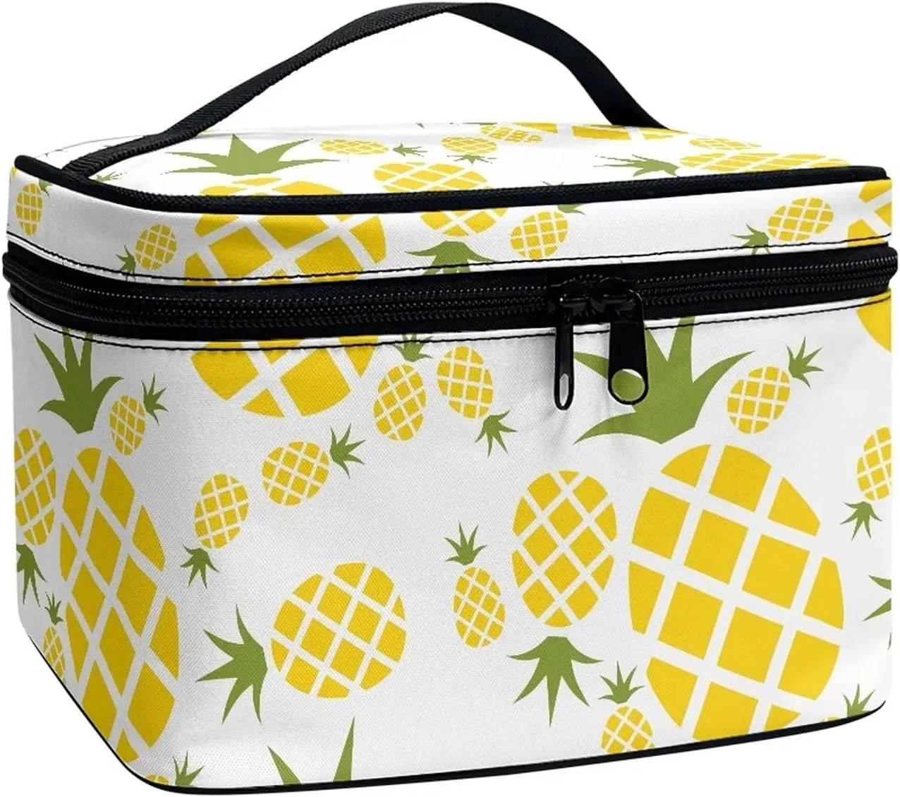JEOCODY Pineapple Print Makeup Bag Portable Cosmetic Bag Portable Travel Makeup Train Case with Handle for Cosmetics Makeup Brushes, Girls, Women, Friends Gifts