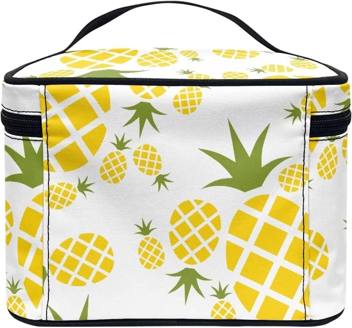 JEOCODY Pineapple Print Makeup Bag Portable Cosmetic Bag Portable Travel Makeup Train Case with Handle for Cosmetics Makeup Brushes, Girls, Women, Friends Gifts